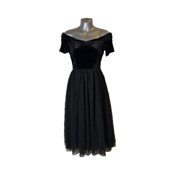 Modcloth Retro Uplifting Aura Off Shoulder Black Velvet Midi Dress Size Medium - Picture 1 of 11